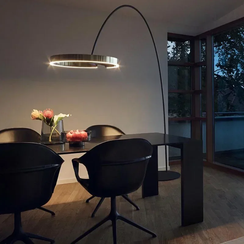 Lampu lantai memancing lingkaran Nordic, LED Modern besi tempa seni luminer untuk ruang tamu kamar tidur Sofa lampu berdiri rumah