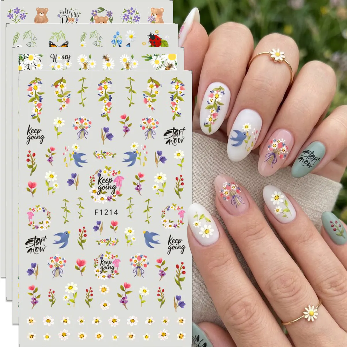 Elegant French Garden Nail Stickers - Purple Flower, Daisy, 