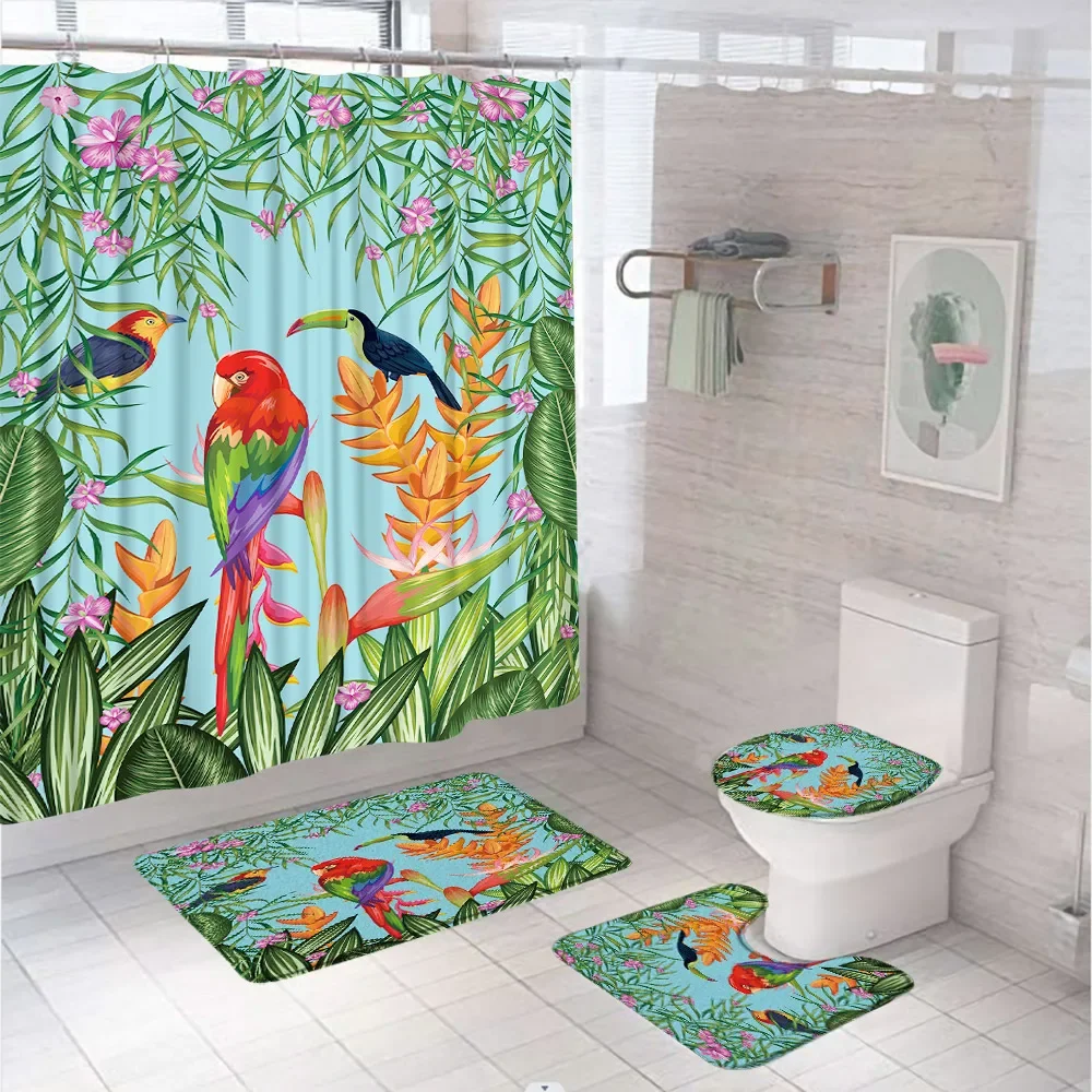 Parrot Toucan Shower Curtain Sets Tropical Bird Animal Flower Leaves Fabric Bathroom Curtains Non-Slip Bath Mat Rug Toilet Cover