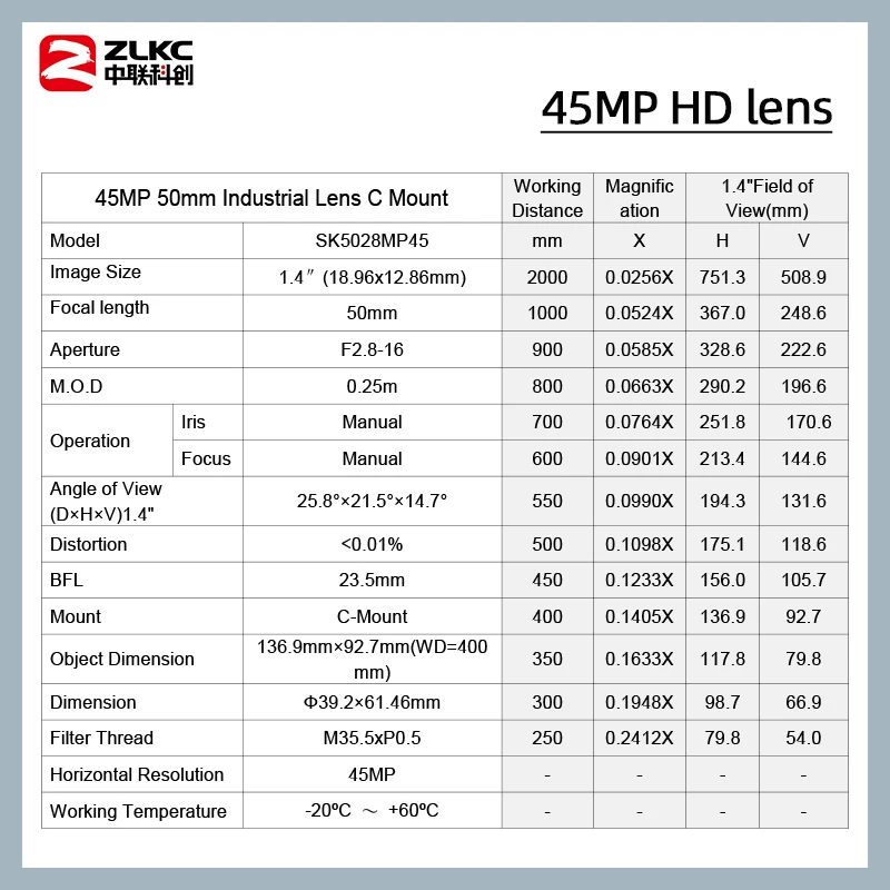 ZLKC-عدسة عالية الدقة C مثبتة على الكاميرا ، قزحية يدوية ، تشويش منخفض ل CCTV ، كاميرات Basler ، 50 عدسة ، 45 ميجابكسل ، F2.8