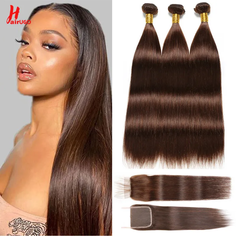 Brown Straight 4*4 Lace Closure With Bundles Brazilian Color 4# 2/3 Human Hair Bundles With Closure HairUGo Color 2 Hair Weaving