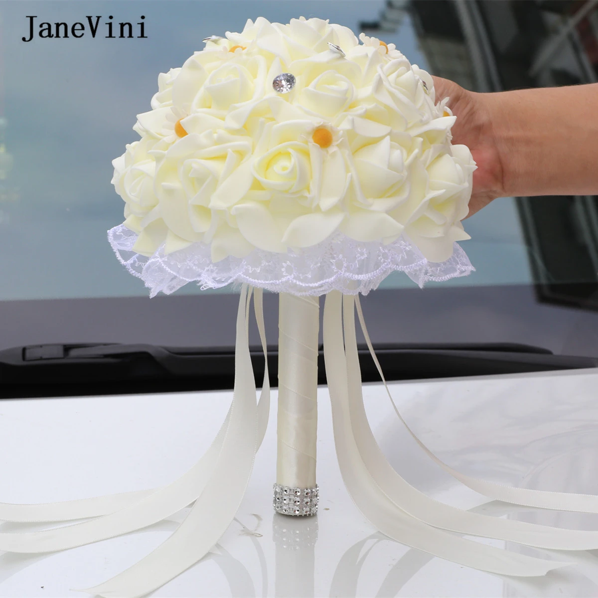 JaneVini Elegant Spring Wedding Bouquets Artificial Foam Blue White Roses Crystal Bridal Hand Flowers Party Wedding Decoration