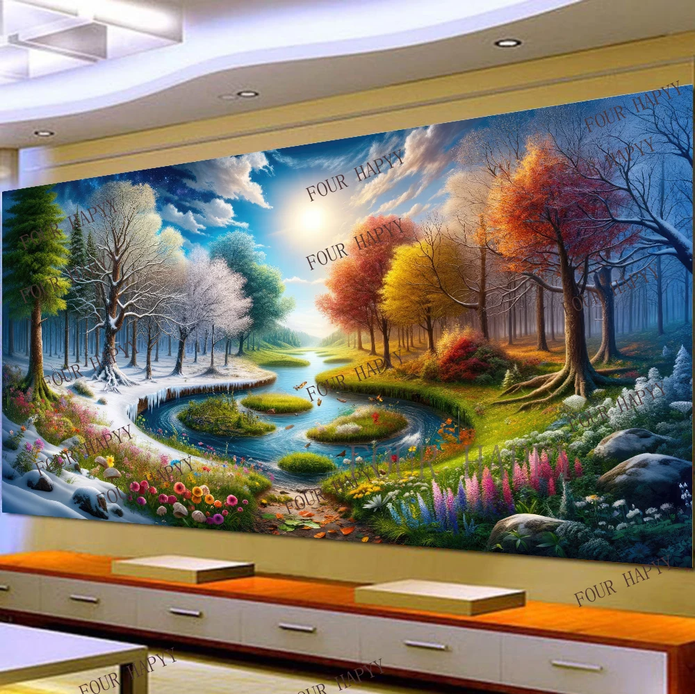 5D DIY Large Diamond Painting Cross Sunshine Flowers River Forest Landscape Wall Art, Full Round Drill, Embroidery Home Decor