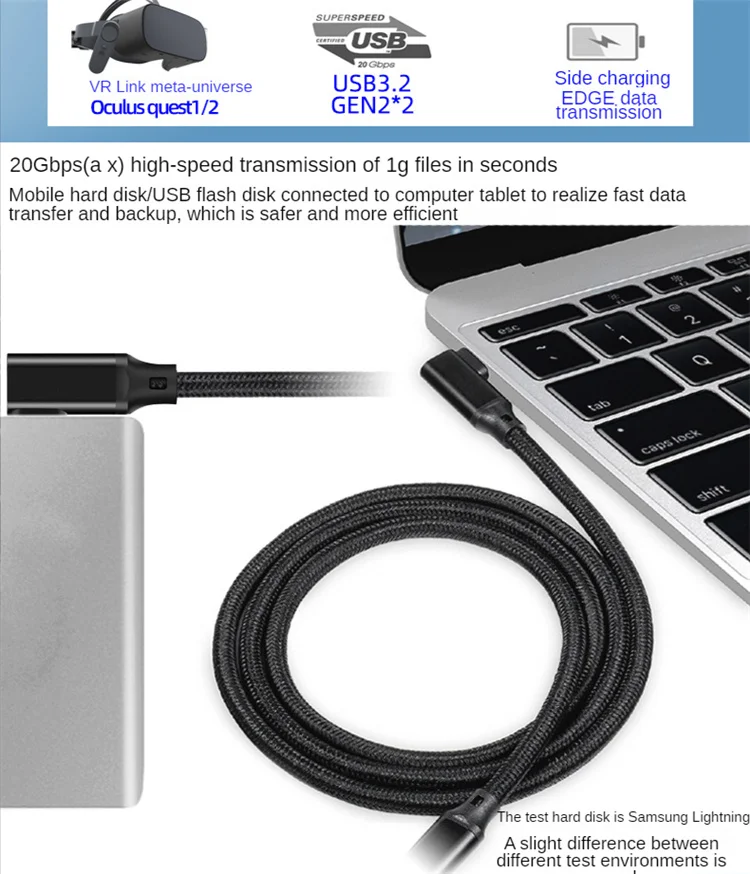 90 Grad USB3.2 Gen2 20 Gbit/s VR USB-C Daten VR Link Kabel Typ-C 4K@60Hz Video 100 W PD 5A Schnellladekabel für Quest 1/2 – Detail 6