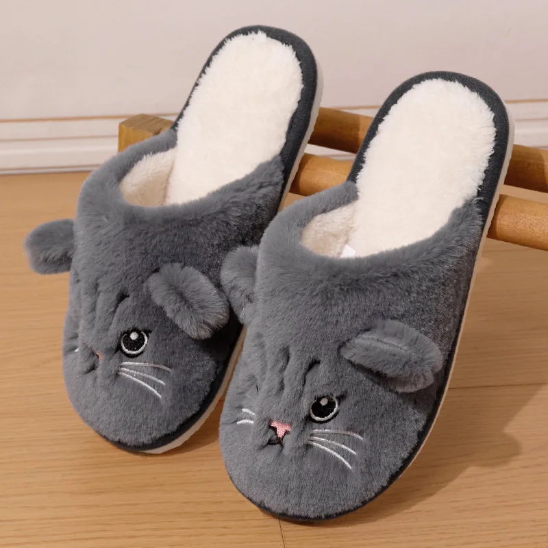 Cute Cat Plush Slippers Women Winter Warm Indoor Home Shoes Non-slip Large Size Ladies Cozy Cotton Slippers Zapatillas de mujer