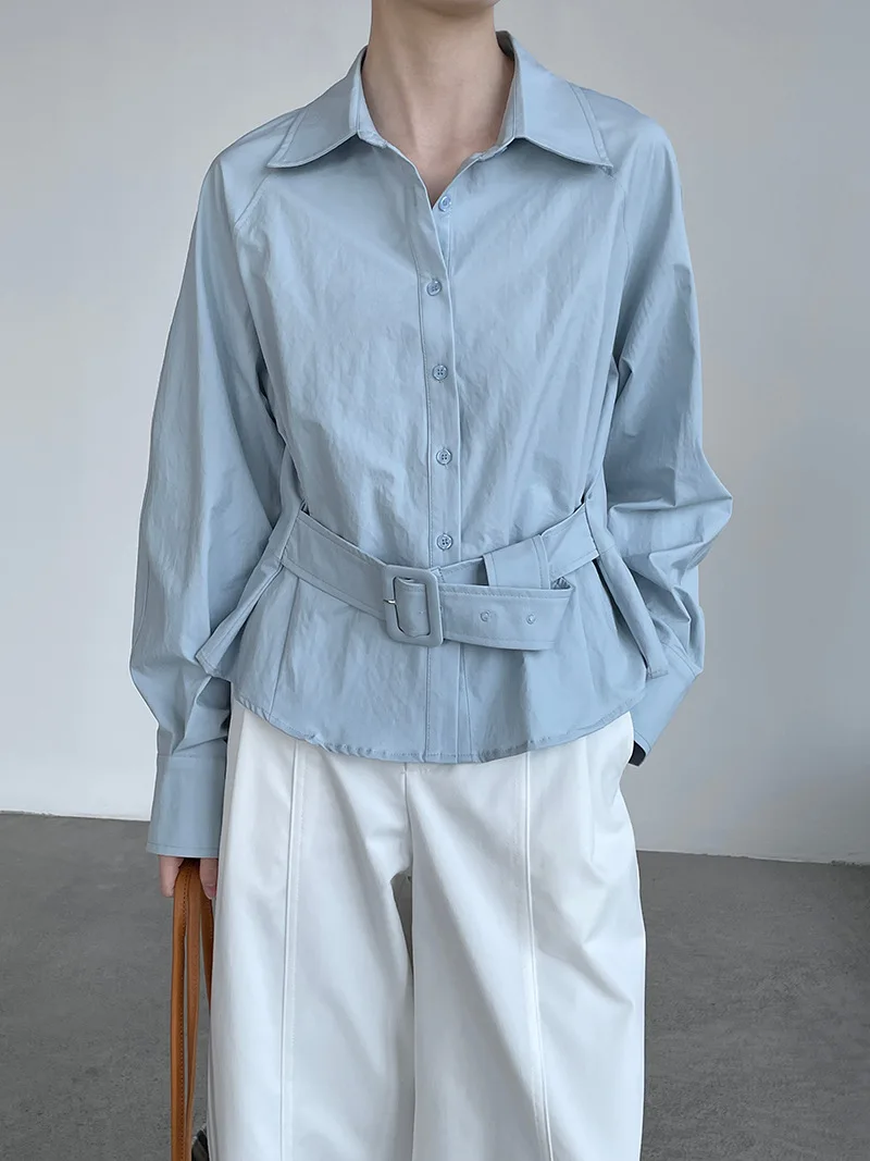 

Женские рубашки SuperAen в корейском стиле с отложным воротником и завязками на талии, весна 2026, новый дизайн, простые синие рубашки