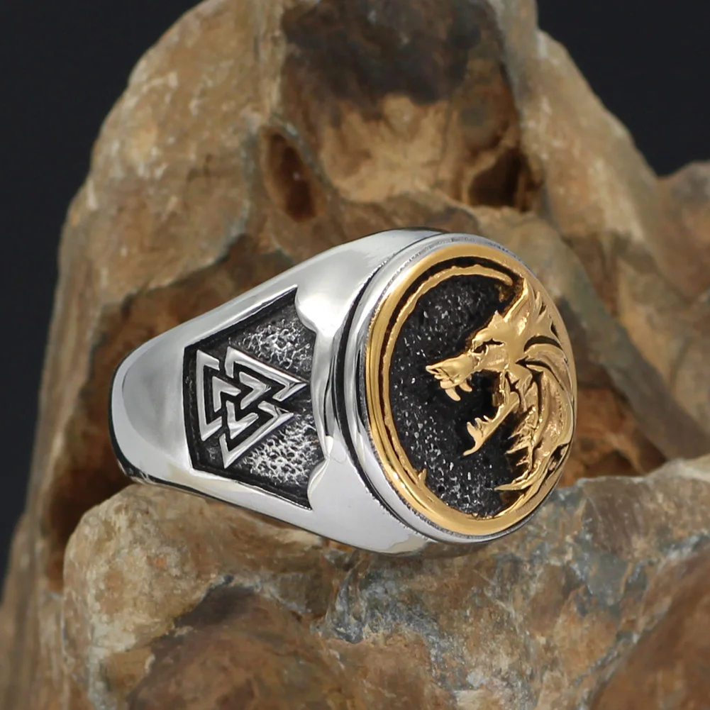 Gold Color Odin Wolf Rings Men Stainless Steel Vikings Signet Ring Accessories Norse Mythology Vegvisir Amulet Icelandic Jewelry