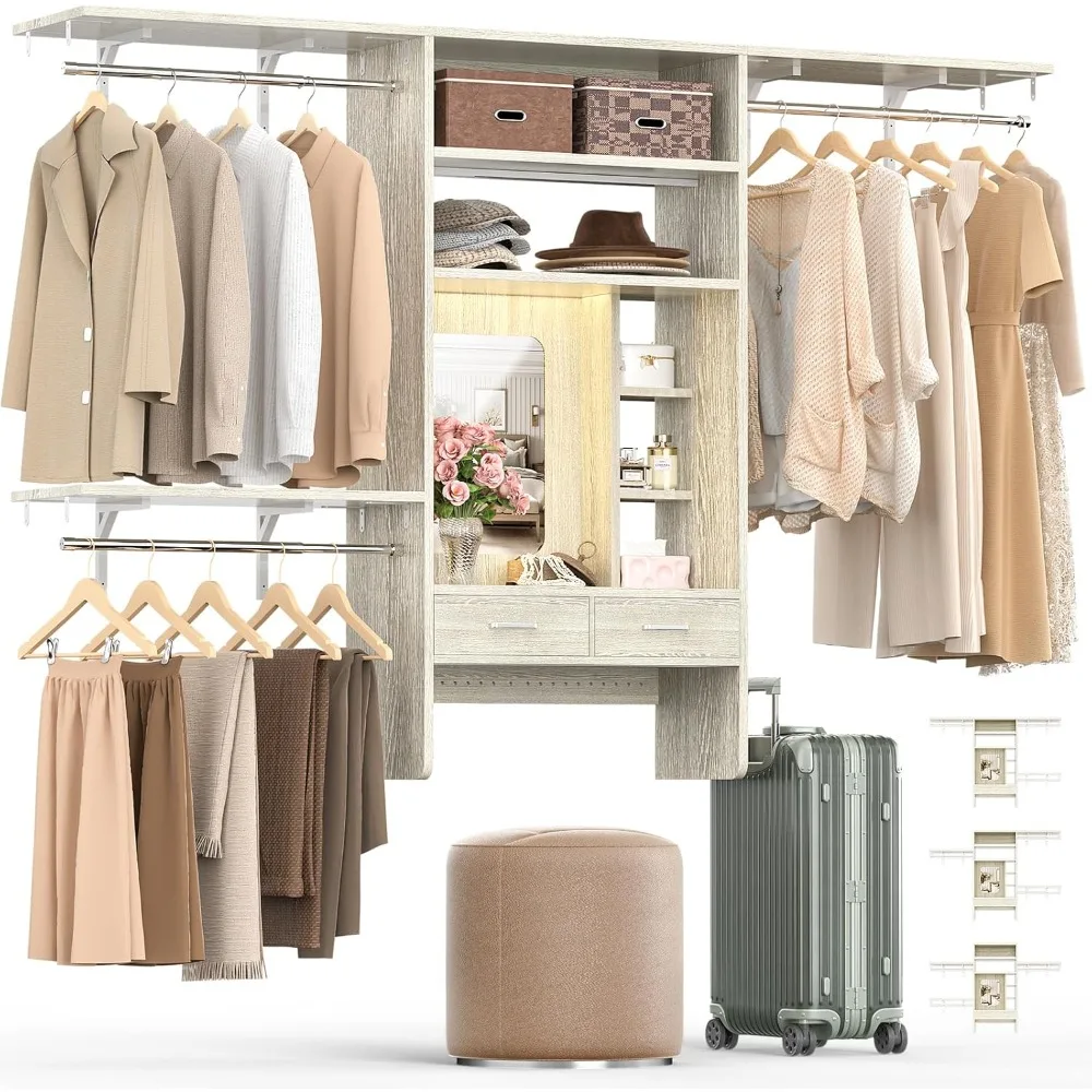

8FT Wall Mounted Closet System with Vanity Desk, 96'' Walk In Closet Organizer System with 3 Adjustable Shelves & Hangin