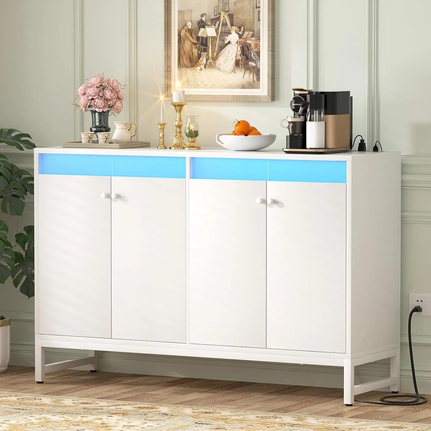 

Sideboard Buffet Cabinet with Power Outlet, Kitchen Storage Cabinet with LED Light & Doors, Accent Cupboard Buffet Table