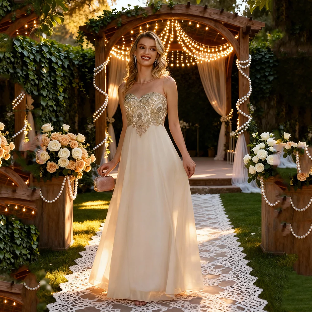 

BABYONLINE Свадебное платье цвета слоновой кости Иллюзия Милая Золотая кружевная аппликация Платья подружки невесты Трапециевидные шифоновые длинные вечерние платья