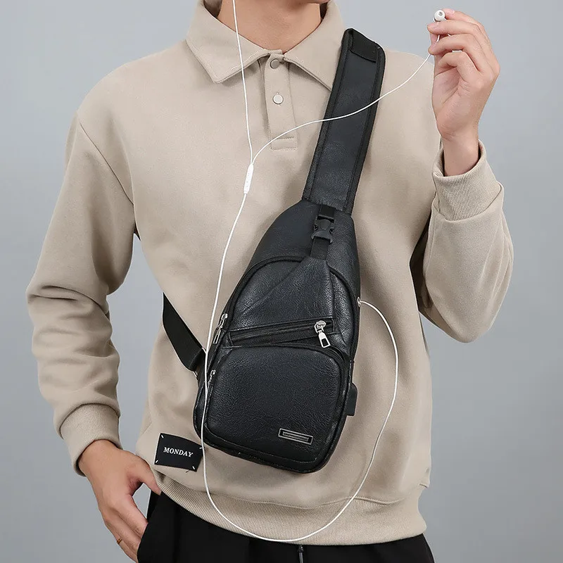 Bolso de pecho de Pu para hombre, bolsa de mensajero informal de gran capacidad, portátil, deportiva, Simple, Color sólido