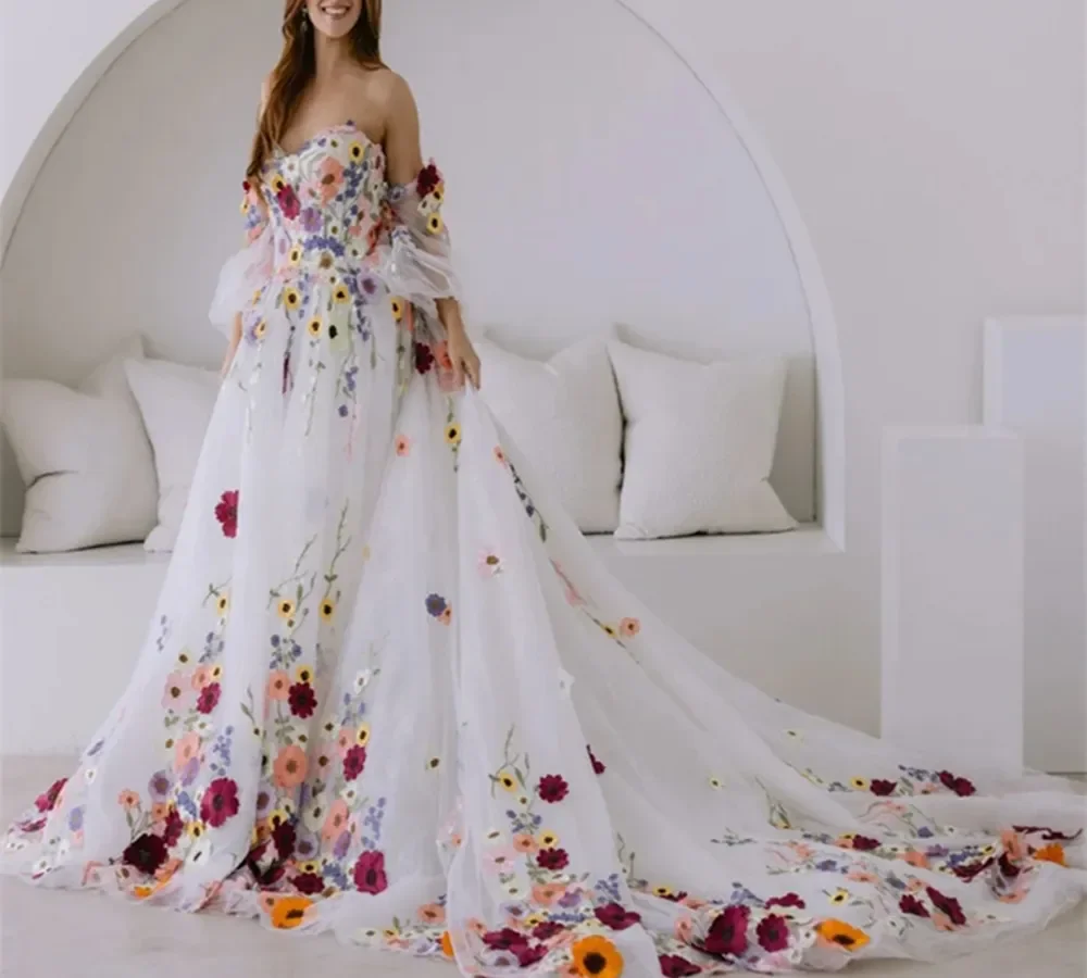 Farbenfrohe Sy Wer Hochzeitskleider Boho Märchenhafte A-Linie Applikationen Rustikale Landhaus-Brautkleider Abnehmbare Ärmel Elfenbein Tüll Brautkleid