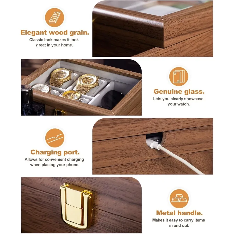 صندوق ساعة منظم مجوهرات للرجال مع علبة ساعة زجاجية حقيقية للخاتم والسوار والساعة والقلادة والأقراط والإكسسوارات