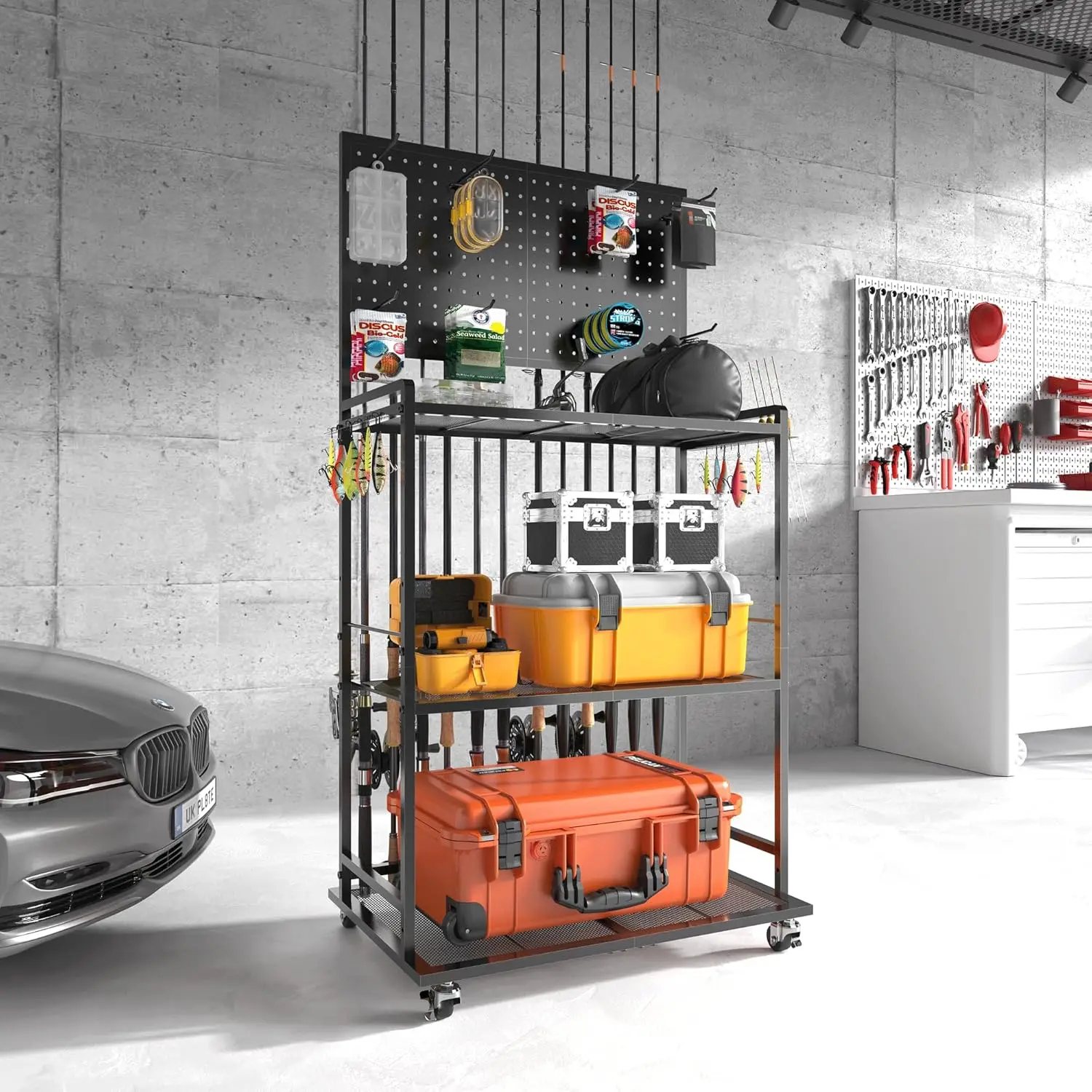 

3-Tier Fishing Rod Storage Cart with Pegboard, Hooks, and Lockable Wheels for Garage Organization