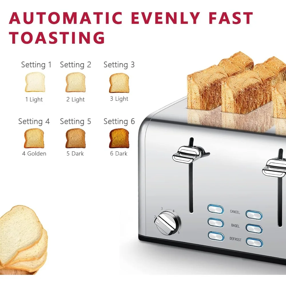 Toaster 4 Slice, 4 Slot Toasters with Bagel/Defrost/Cancel Function, Dual Control Panel, Stainless Steel Toaster