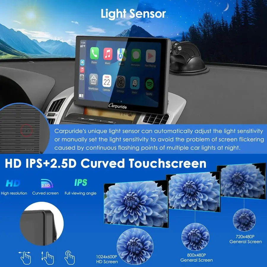 شاشة تشغيل السيارة مقاس 9 بوصة من CARPURIDE للسيارة، متوافقة مع Apple CarPlay السلكية اللاسلكية، Android Auto وMirror Link Bluetooth A