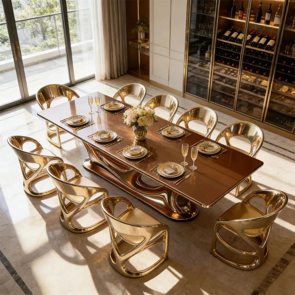 S*-Modern Luxury Dining Table Set Gold Fiberglass Frame Glossy Marble Top Furniture Large Rectangular Desk