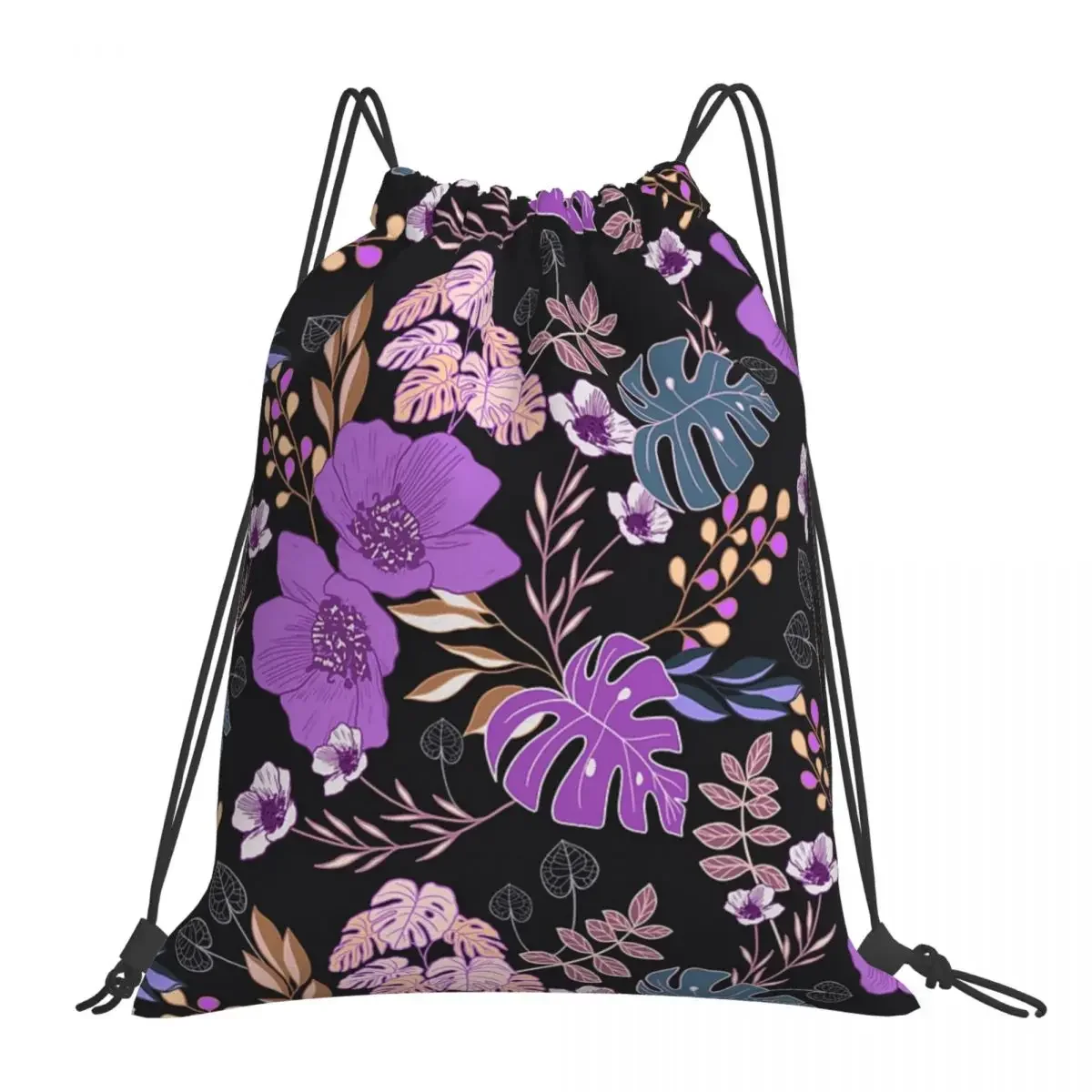 Spring Batik Floral - Black Backpacks Portable Drawstring Bags Drawstring Bundle Pocket Sports Bag BookBag For Travel Students