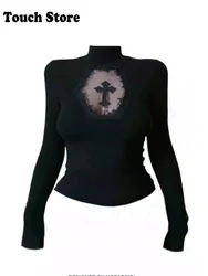 Women Shoujo Girl Dark Academia Turtleneck Top Coquette 2000s Aesthetic Long Sleeve T-Shirt Gothic Tees Gyaru Japanese Y2k Hot
