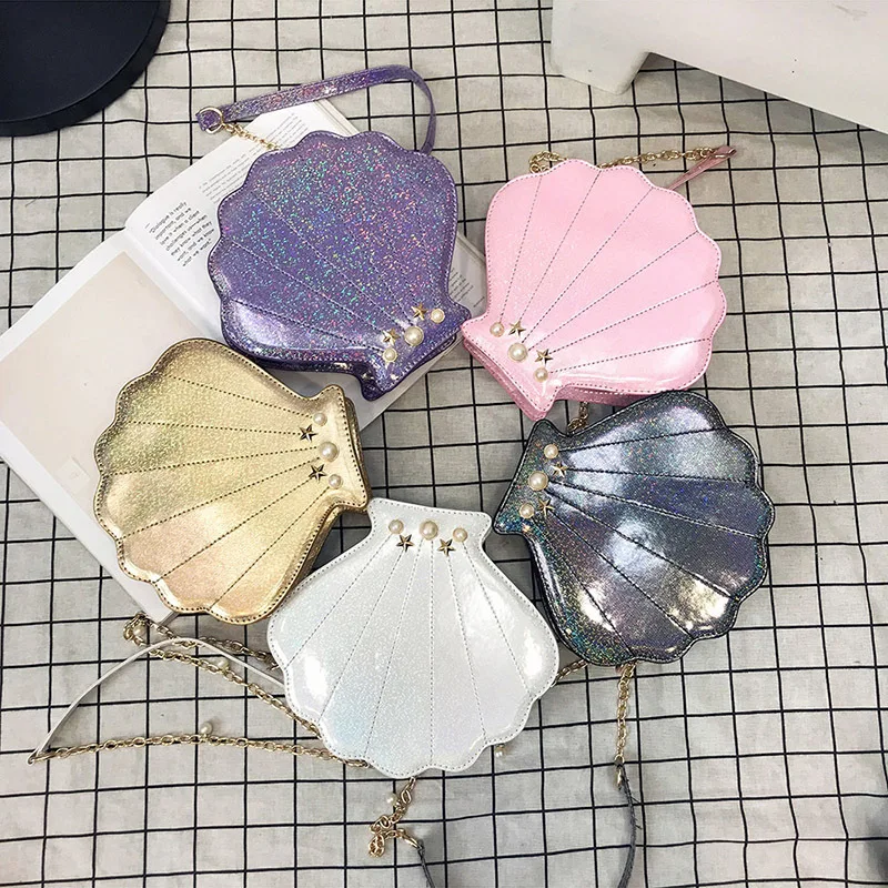 Women's Holographic Iridescent Shell Bag Stylish Unique Design Pearl & Chain Strap Shoulder & Crossbody Bag