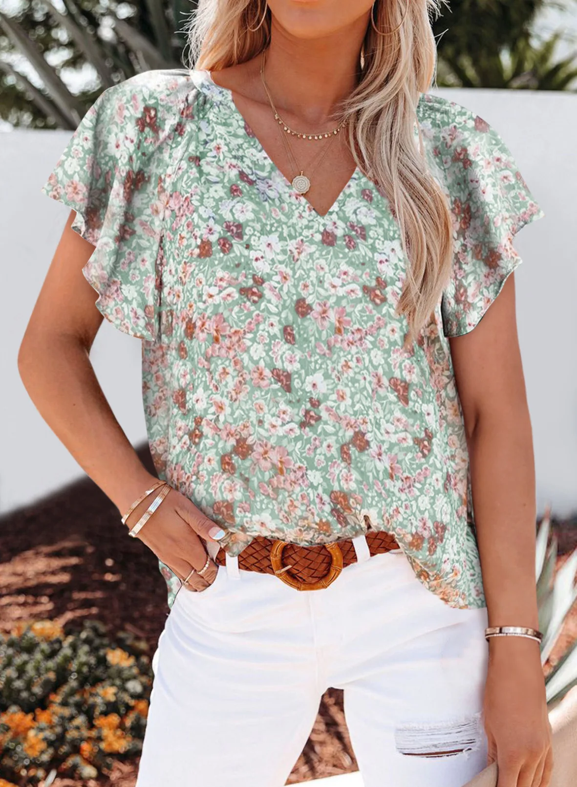 summer new top women\'s V-neck printed loose casual short sleeves