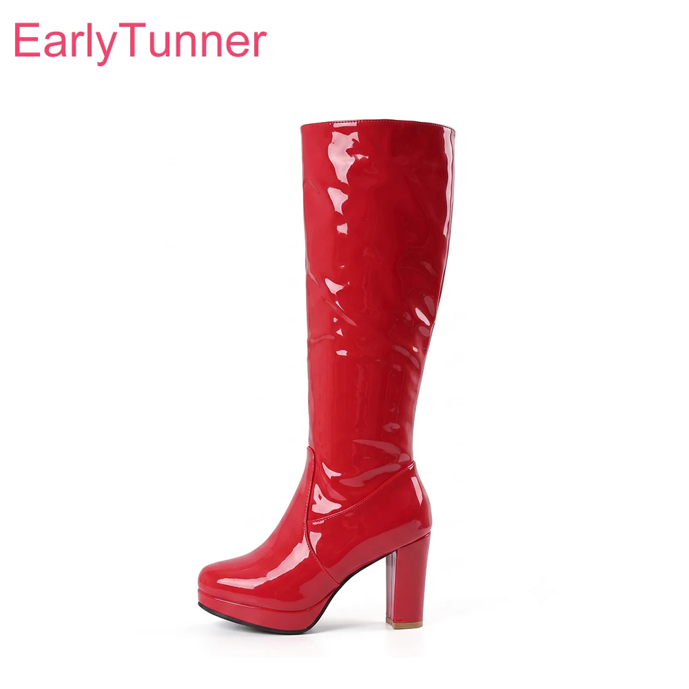 2026 Winter Mature Women Knee High Riding Boots Platform High Block Heels Lady Dress Shoes Large Plus Size 11 43 47 Non-slip