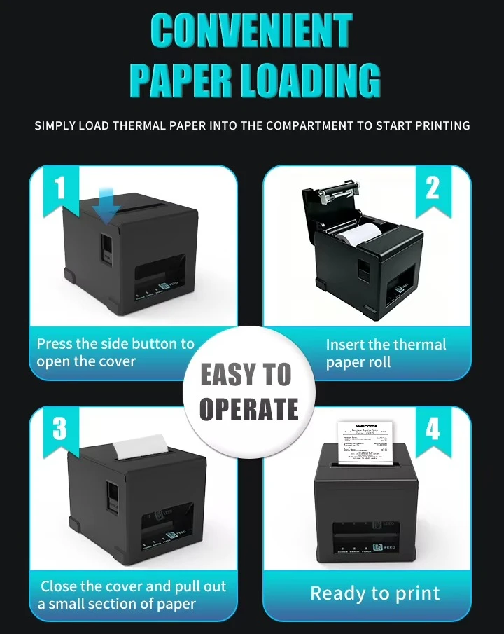 80Mm thermal barcode printer USB/WiFi wireless POS resolution 203 dpi 220 mm/s