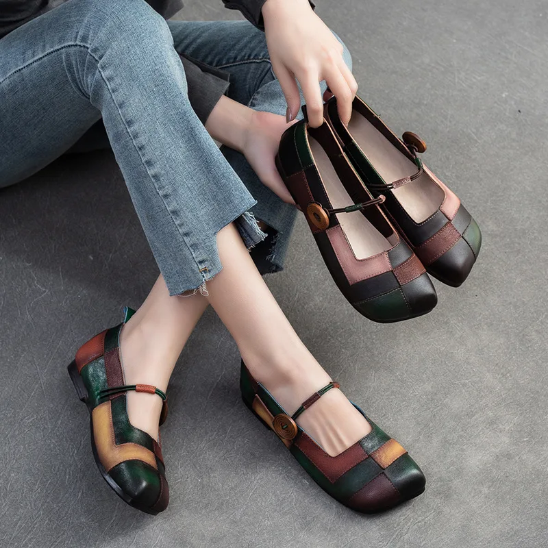 Women Loafers Leather Shoes Low Heels Soft Spring Handmade Genuine Leather Women Shoes 2024 Mary Jane Flats Lace Up Sqaure Toe