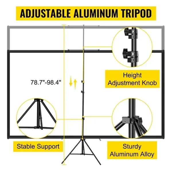 Tripod Projector Screen with Stand 80 inch 16:9 4K HD Projection Screen Stand Wrinkle-Free Height view 4