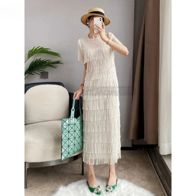 

SMVP Pleated Tassel Dress Pure Colour Luxury Women Round Neck Short Sleeve Slim Wedding Party Dress 2025 Spring New Female