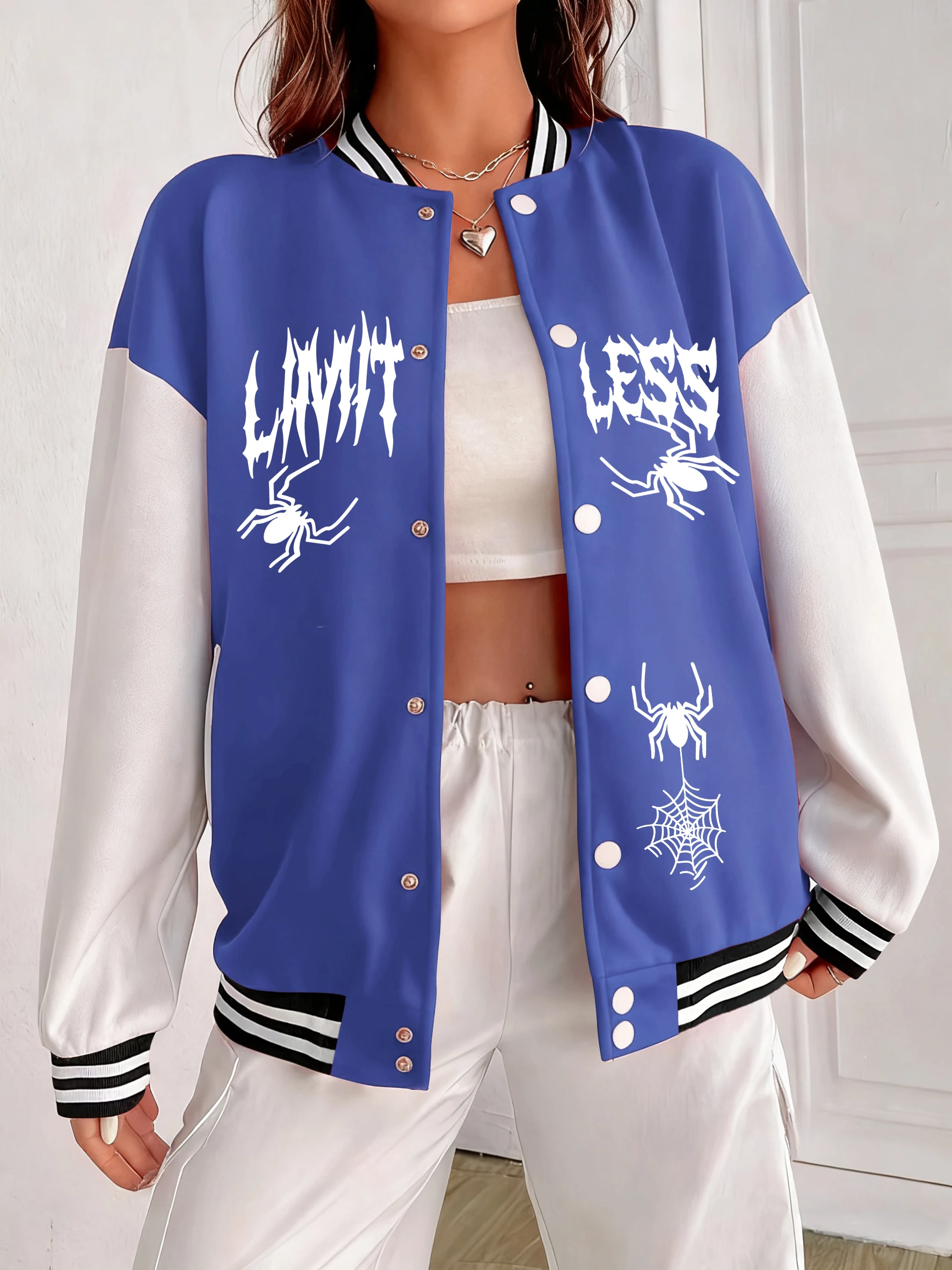 

Женская куртка с двумя пауками и художественным буквенным принтом, осенняя хлопковая одежда, красочная повседневная бейсбольная форма, свободная спортивная одежда