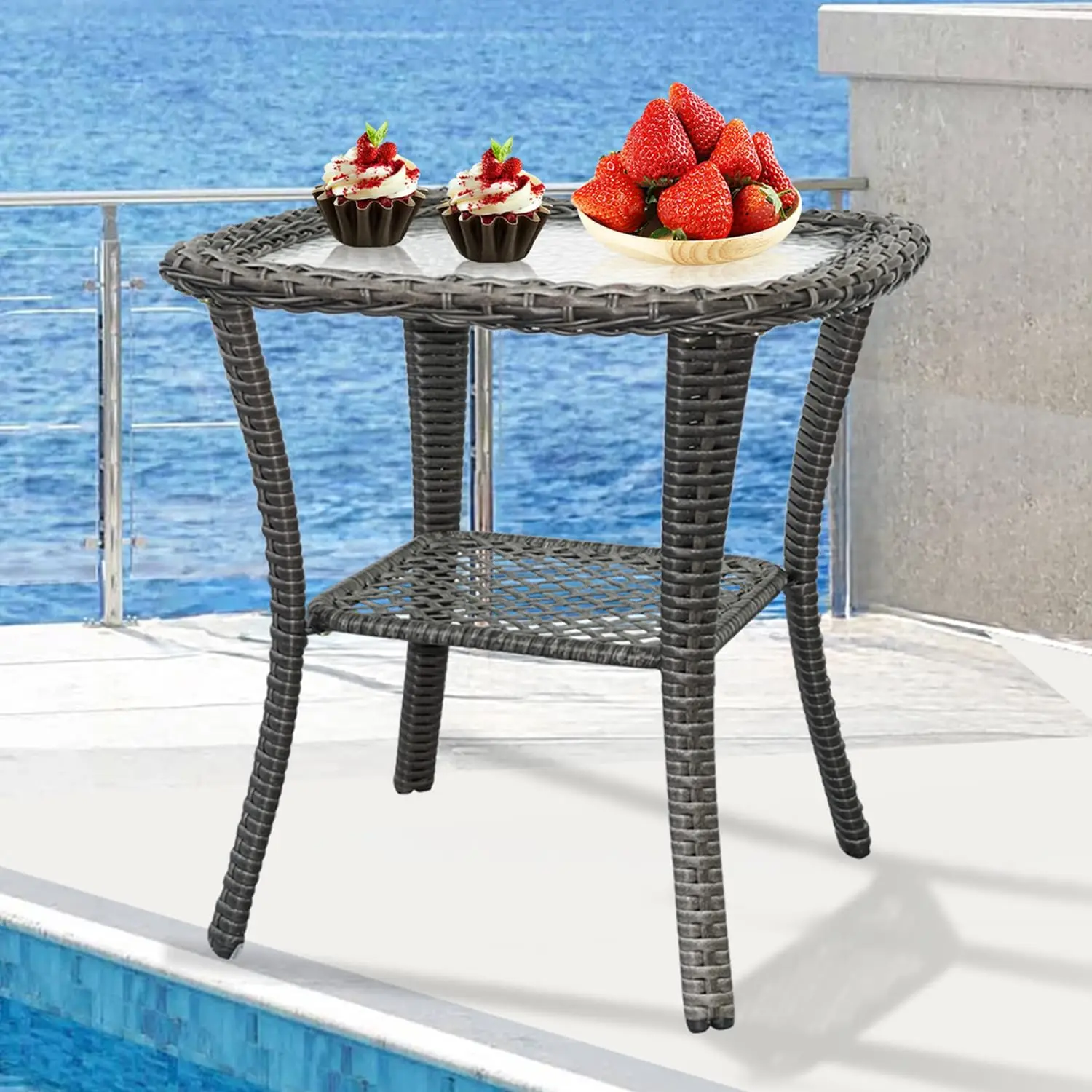 Outdoor Wicker Side Table,2-Tier Sturdy Patio Table With Tempered Glass Top,20