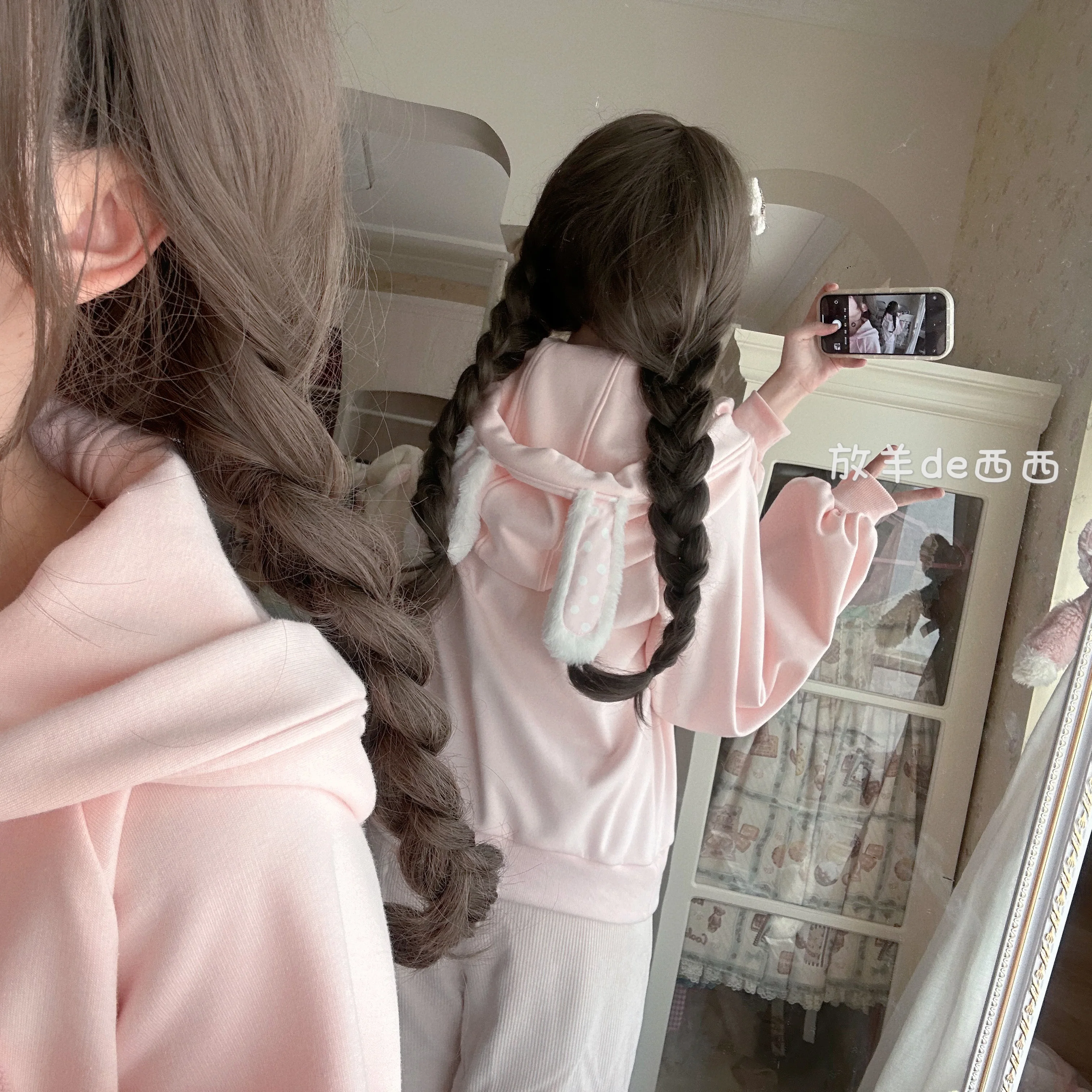 الأصلي الفتيات اليابانية الحلو الوردي هوديس الخريف الشتاء المرأة الجديدة فضفاضة ضئيلة الدافئة الصوف أرنب الأذن مقنعين البلوز البلوز