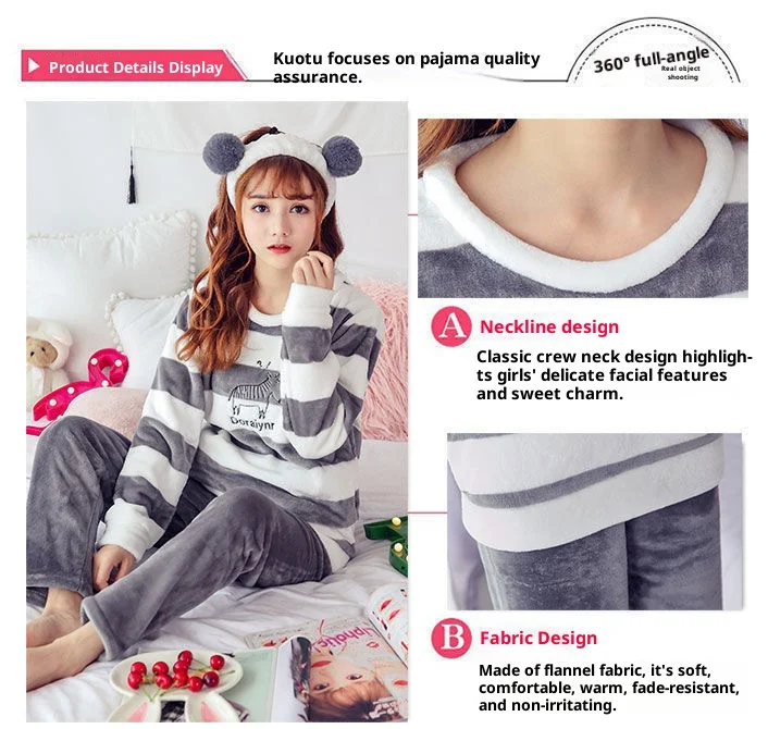 Verdickte warme Flanell Herbst und Winter Pyjamas Loungewear weibliche süße Cartoon Nachtwäsche Homewear Korallen Samt Nachtwäsche – Detail 6
