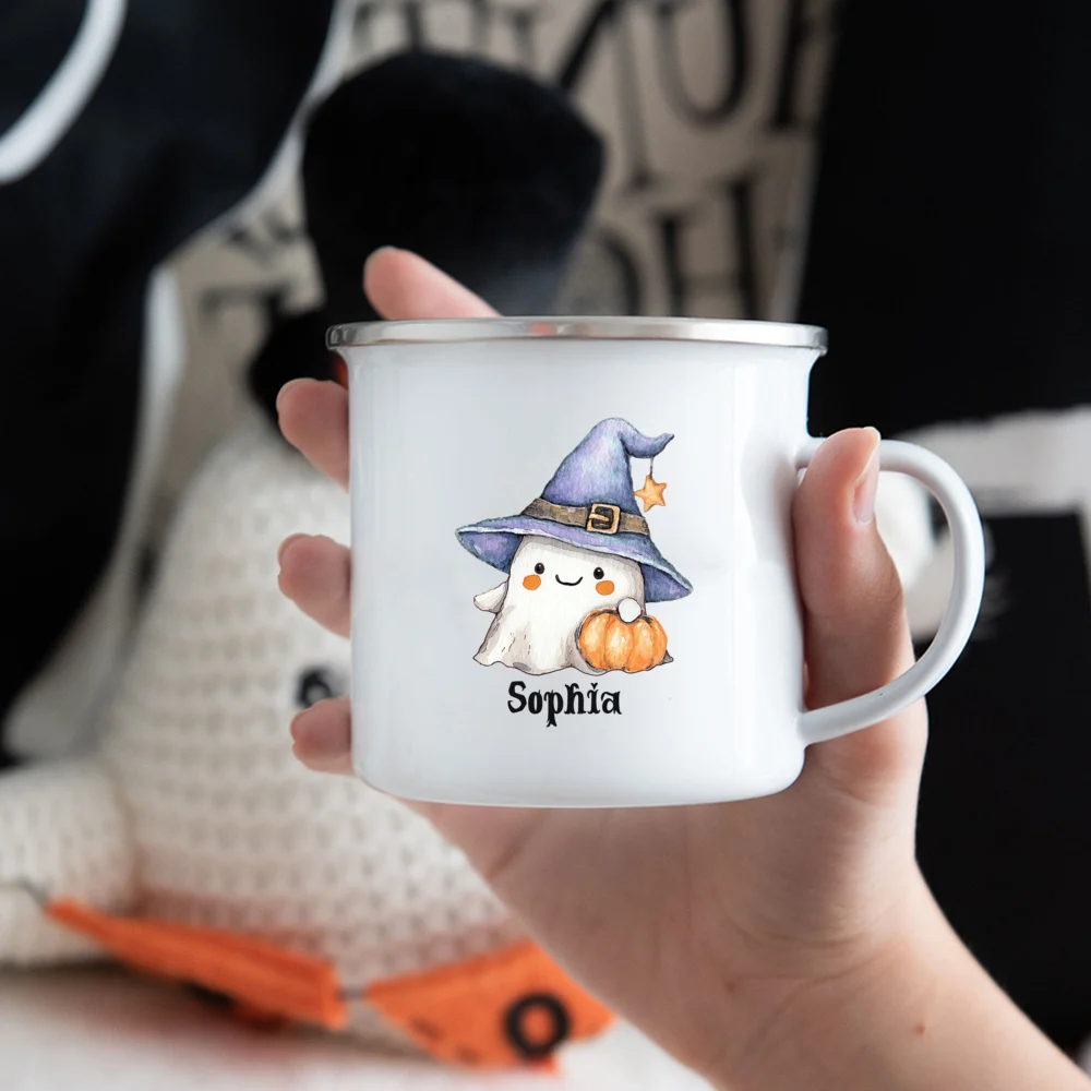 

Персонализированная эмалированная кружка на Хэллоуин, призрак с именем, кофейная чашка, осенний праздник для мальчиков и девочек, декор для вечеринки на Хэллоуин, кружка, подарки для детей