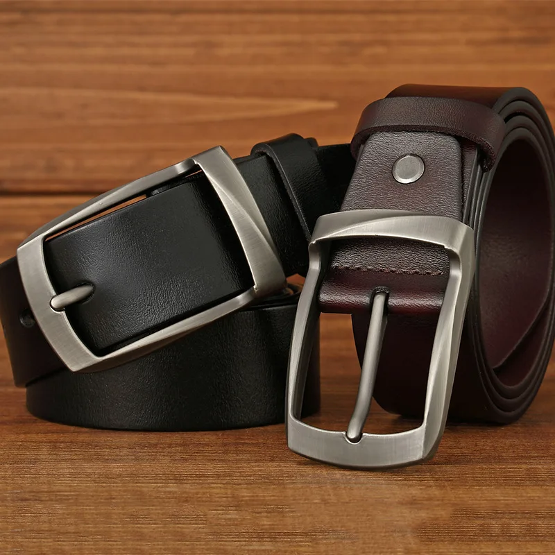 Ceinture en cuir véritable pour homme, cuir de vachette noir et marron, broche rétro, décontracté, nouveau, 2024