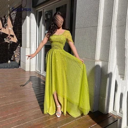 Sumnus Glitter A-Line Evening Dresses Square Collar Short Sleeves Prom Dress Tulle Beading  Saudi Arabia Party Gowns Bespoke