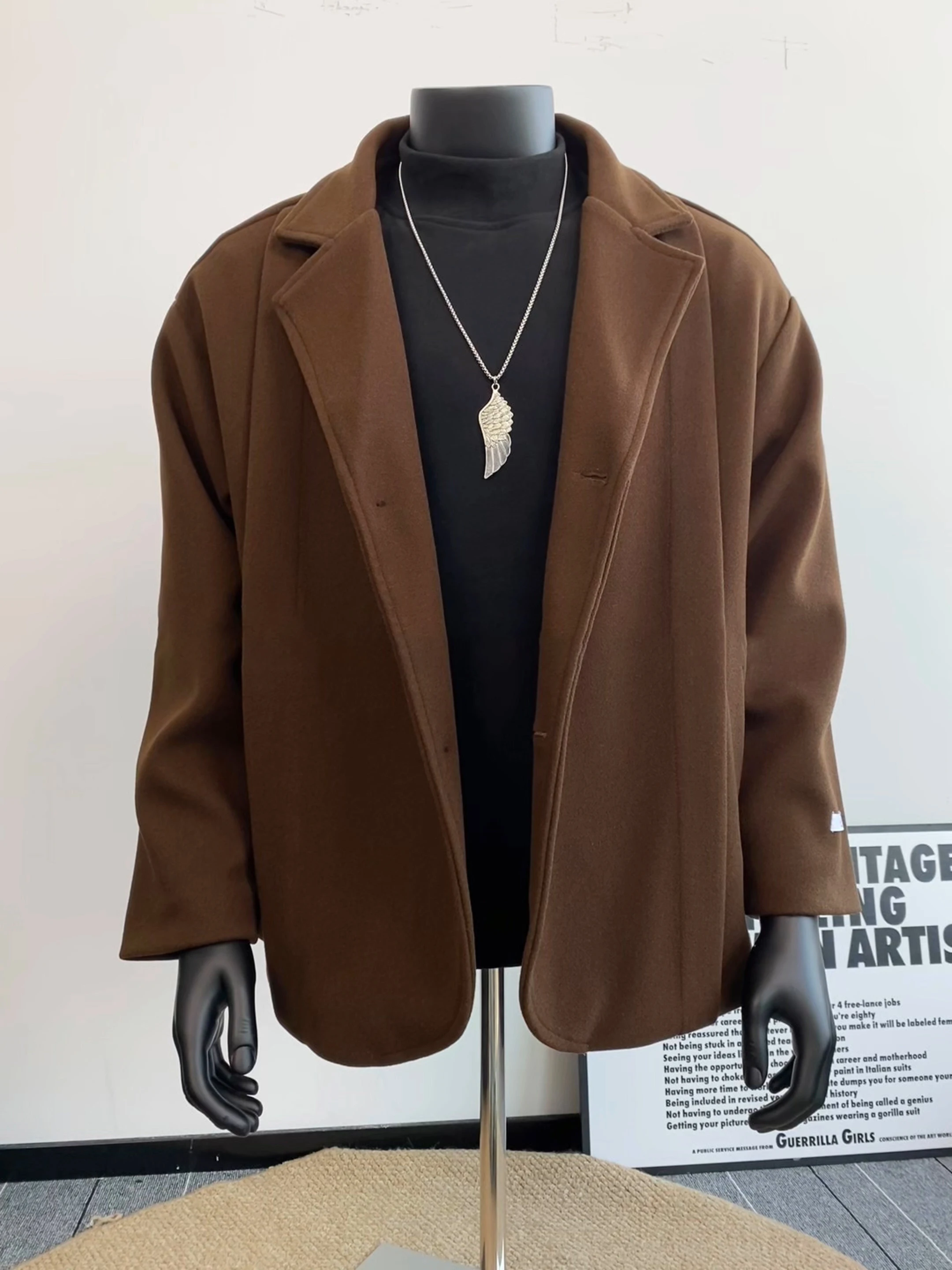 

Мужское короткое шерстяное пальто Briti Sle Brown с подкладкой из флиса, осенне-зимнее, в корейском стиле, с отложным воротником, модель Haome Suit