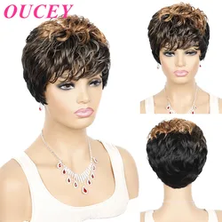 OUCEY-Perucas sintéticas de cabelo para mulheres, perucas onduladas naturais, preto e marrom, corte feminino Pixie, perucas encaracoladas com Franja, curto