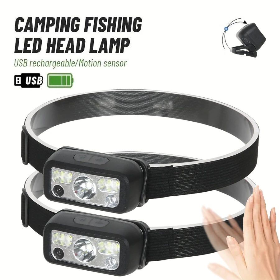 

LED Headlamp Type-C Rechargeable Headlight Motion Sensor Head Led Light Fishing Hunting Searchlights Outdoor Camping Head Lamp