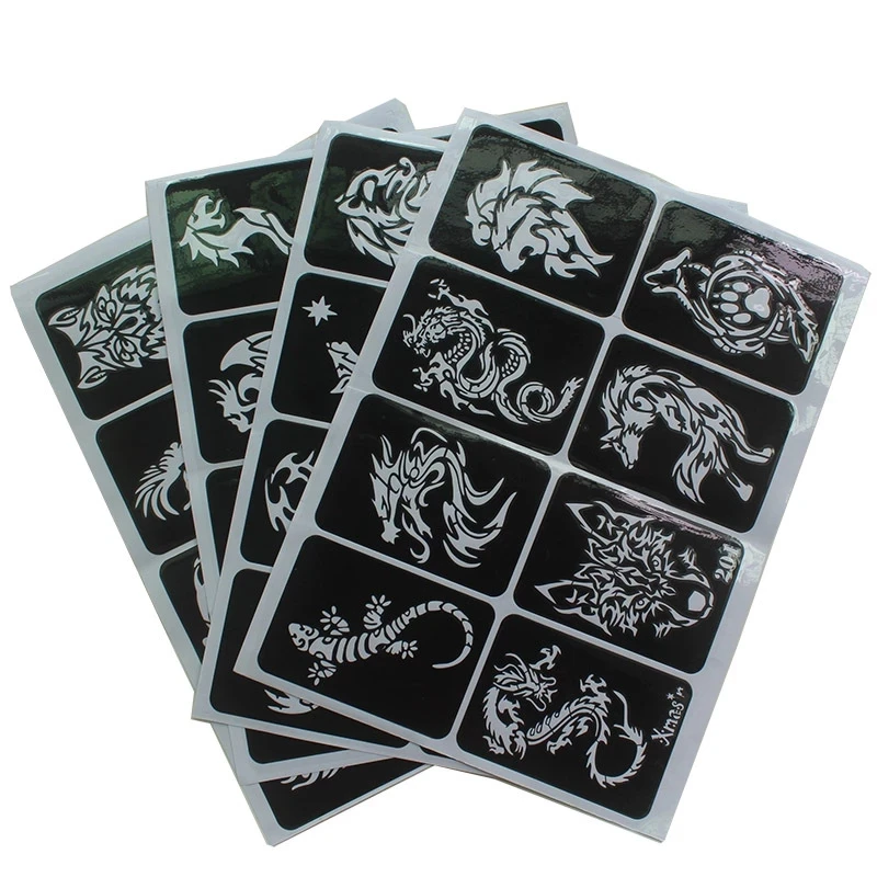 Plantillas de tatuaje con aerógrafo pequeño para hombres y mujeres, plantilla de dibujo de Henna para pintura, purpurina, 4 patrones, herramienta de tatuaje, 1 hoja