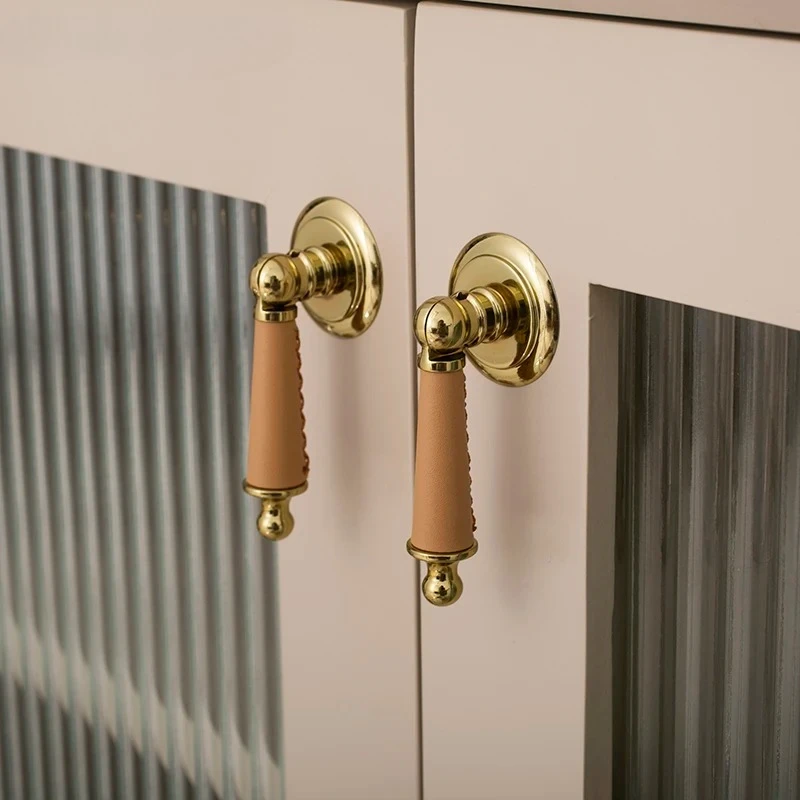 Leather+Solid Brass Kitchen Cabinet Handles Cupboard Door Knobs and Handles Bright Golden Drawer Dresser Pull Furniture Hardware