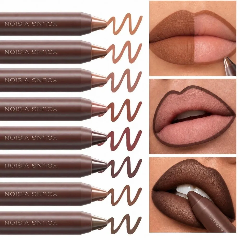 Chocolate Tone Matte Lip Liner Pencil Non-stick Cup Waterproof Lipstick Pen Soft Velvet Long Lasting Lip Contouring Pencil Women