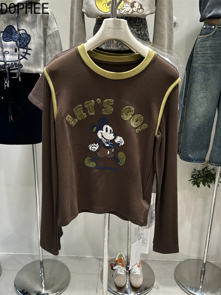 

Sanding Female Long Sleeve T-shirt 2025 New Autumn Embroidery Mickey Slim Crop Basic Top Age Reduction O-neck Pullover Tops