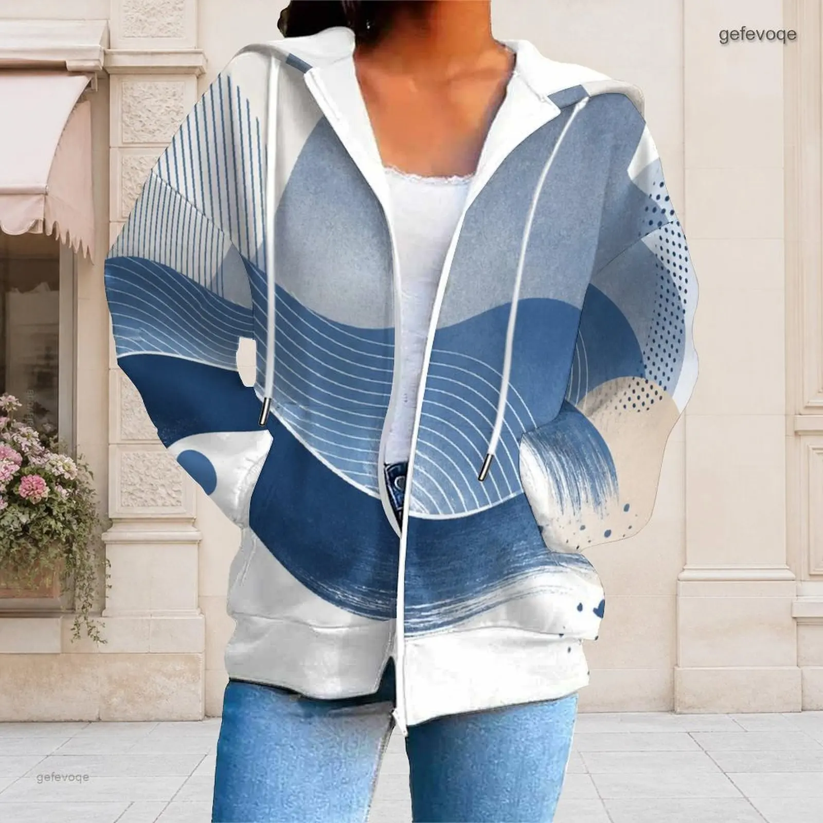 Women Abstract Blue White Printed Full Zip Long Sleeve Hoodie with Pockets