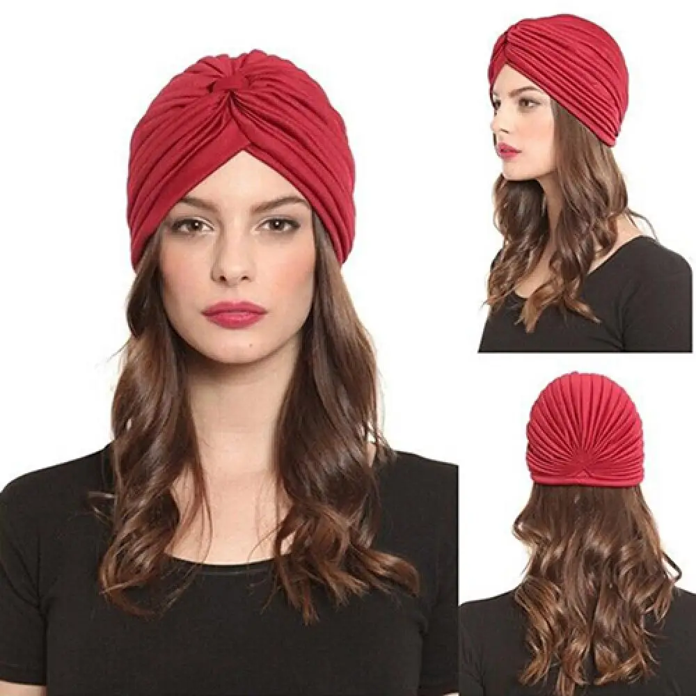 Pleated Hat Women Stretchy Hat Turban Head Wrap Band Chemo Bandana Hijab Pleated Indian Yoga Pull-head Stretch Headband Beanies