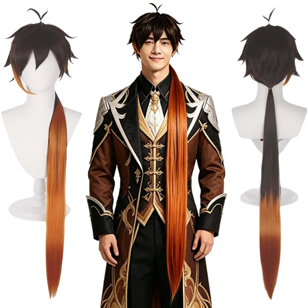 

Zhongli Cosplay Wig 90cm Long Brown Orange Gradient Ponytail With Ahoge Heat Resistant Synthetic Anime Wig For Halloween Party