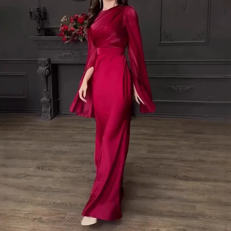 خمر عالية الخصر فستان ستان الخريف المرأة الجديدة مزاجه س الرقبة سليم صالح فساتين ماكسي أنيقة طويلة الأكمام فساتين السهرة #3