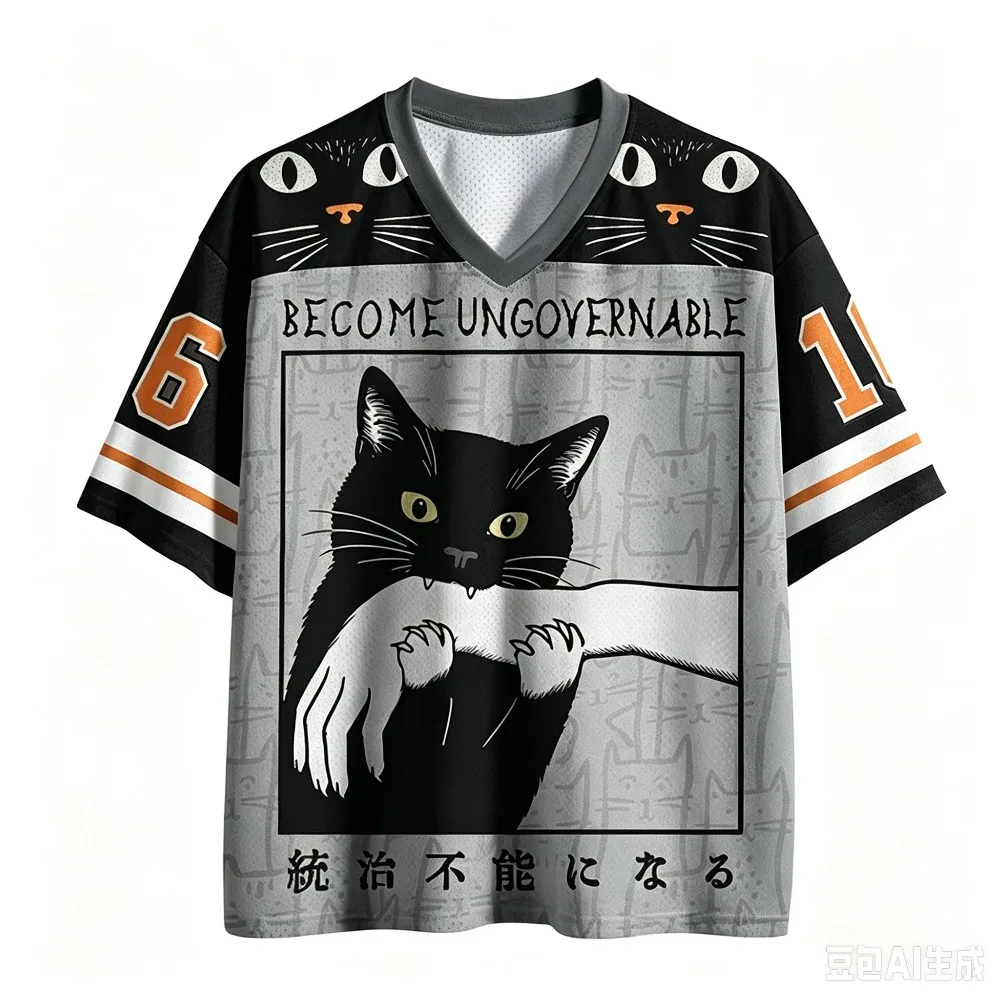 Erwachsenen- und Kinder-Version des 3D-gedruckten Sport-T-Shirts „Rebellious Black Cat“ mit dem Vintage-Bestseller-Design „Uncontrollable“ und V-Ausschnitt und kurzen Ärmeln – Detail 7