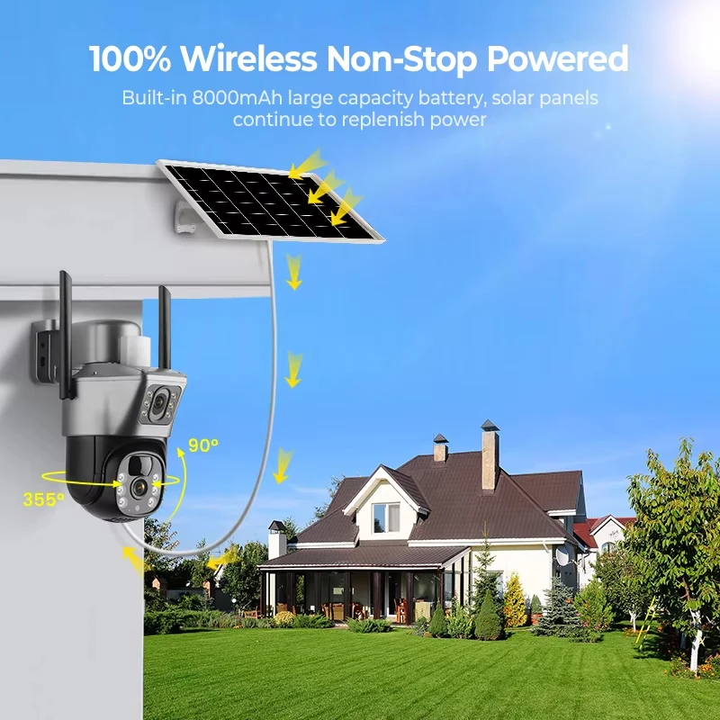 Solar Wireless IP Camera Dual Lens Dual Screen WiFi Outdoor Waterproof Video Monitor 4K 8MP Battery Security CCTV Cam V380 Pro